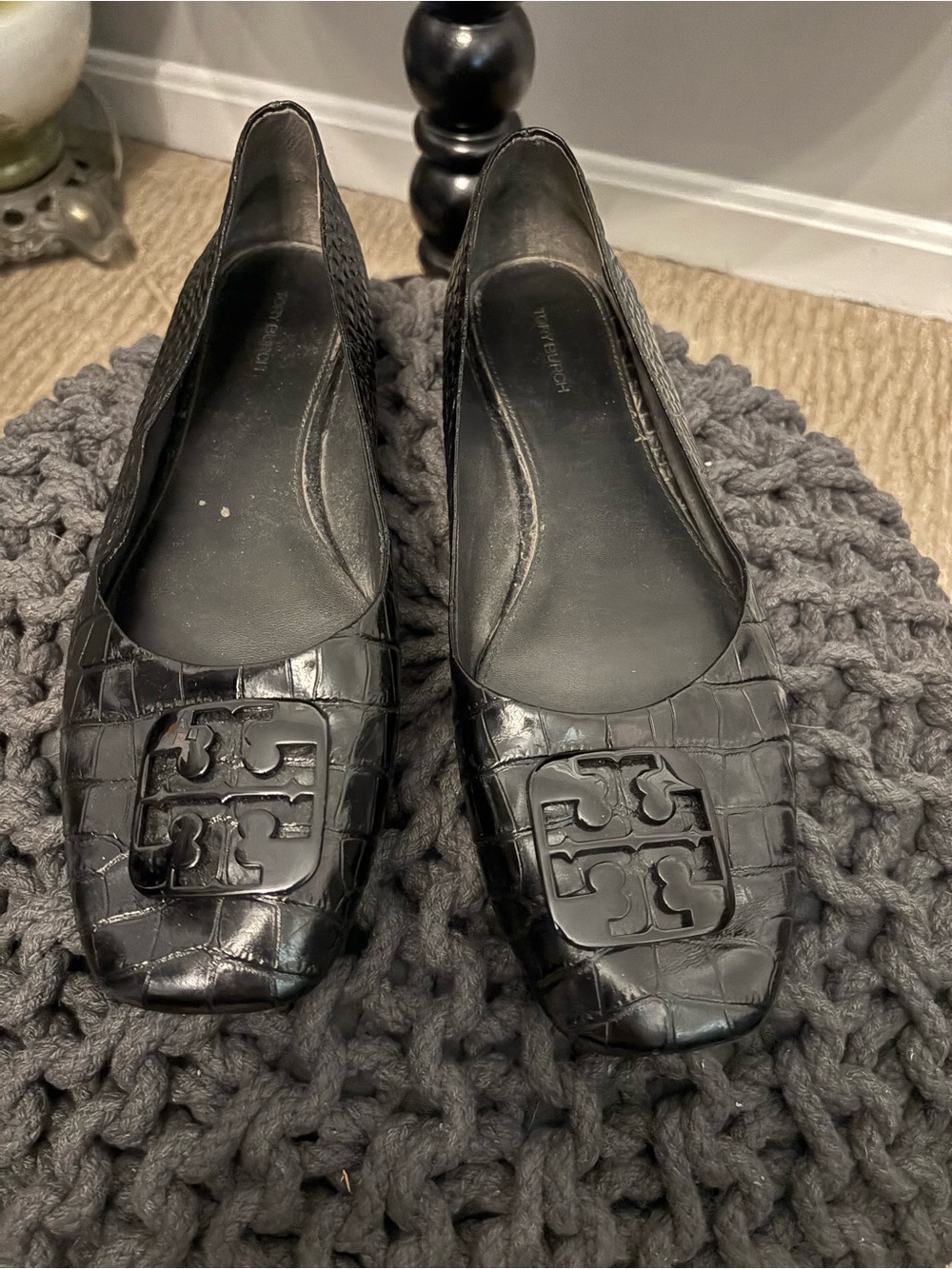 Tory Burch Black Croc-Embossed Logo Square-Toe Flats